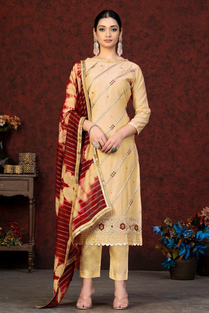 Beige Colour Unstitched Modal Chanderi Fabric Straight Suit US1160919