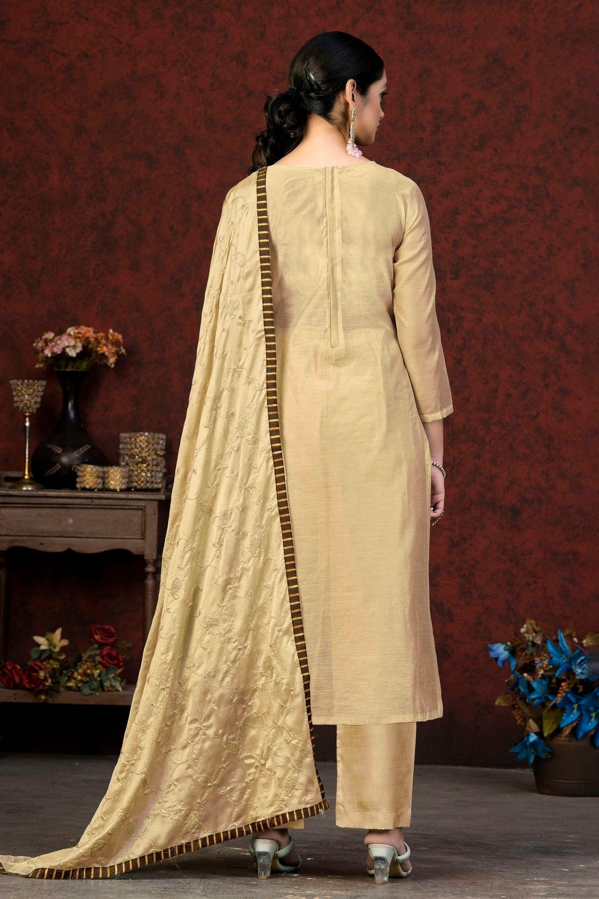 Beige Colour Unstitched Modal Chanderi Fabric Straight Suit US1161057 A
