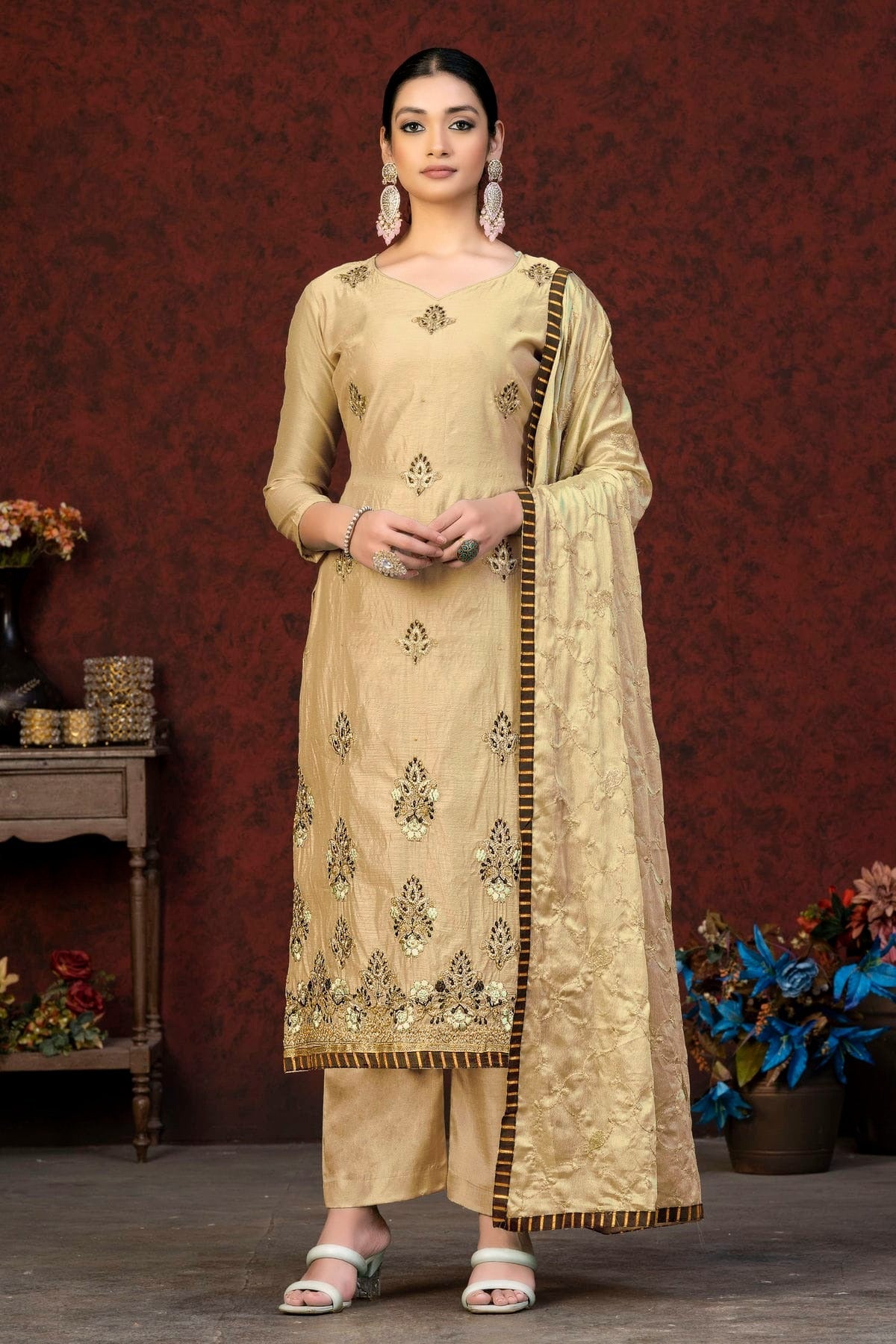 Beige Colour Unstitched Modal Chanderi Fabric Straight Suit US1161057