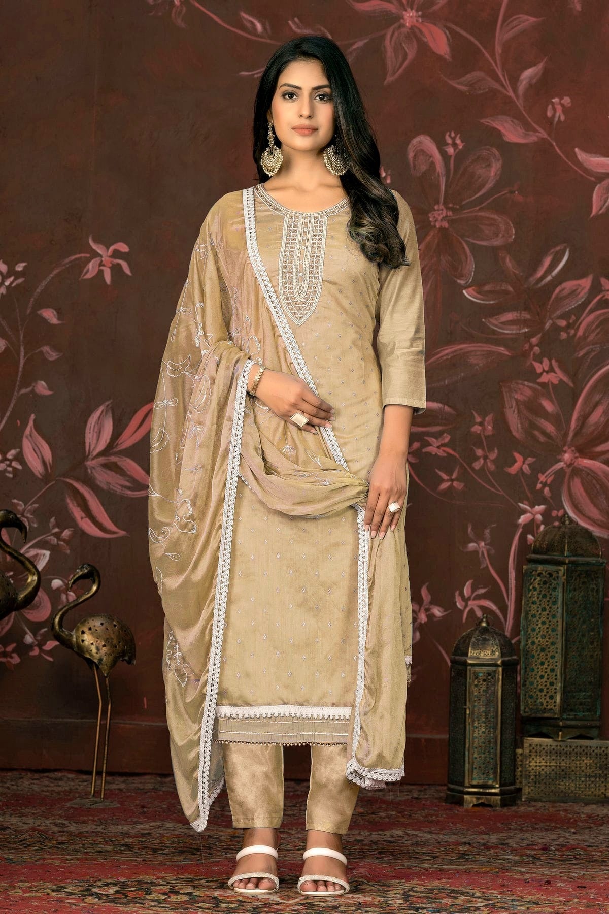 Beige Colour Unstitched Modal Cotton Pant Style Suit US1161248