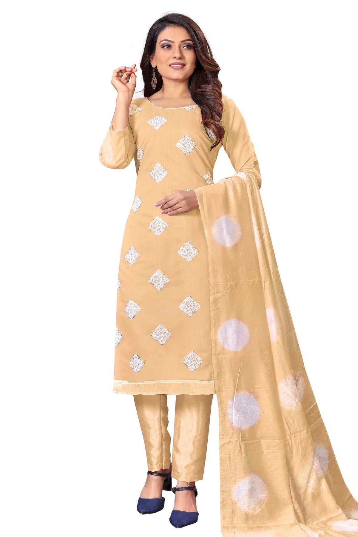 Beige Colour Unstitched Modal Cotton Straight Suit US1160633