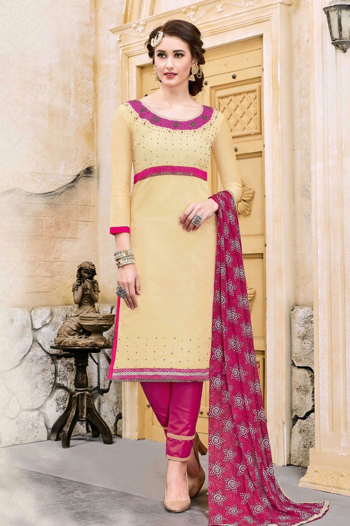 Beige Colour Unstitched Modal Cotton Straight Suit US1161221