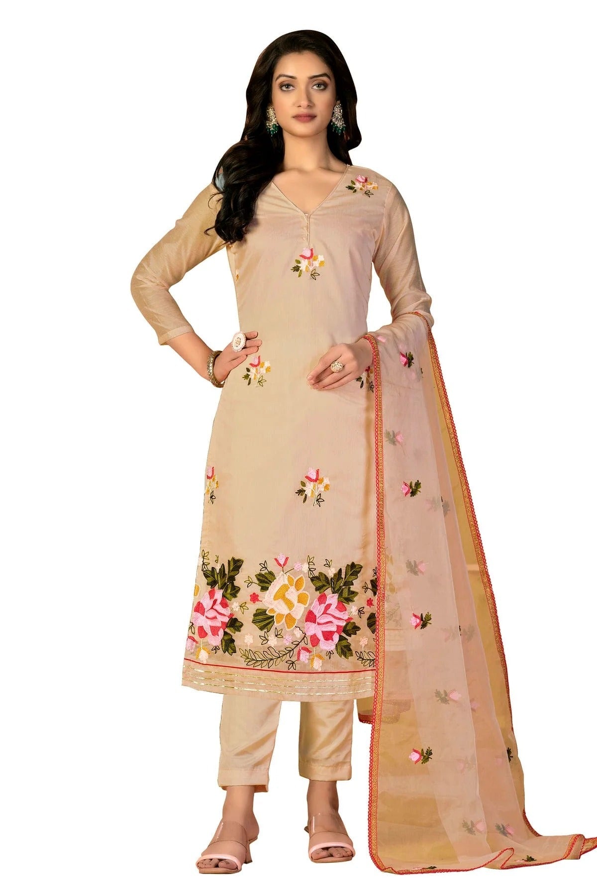 Beige Colour Unstitched Modal Silk Fabric Straight Suit US1160927