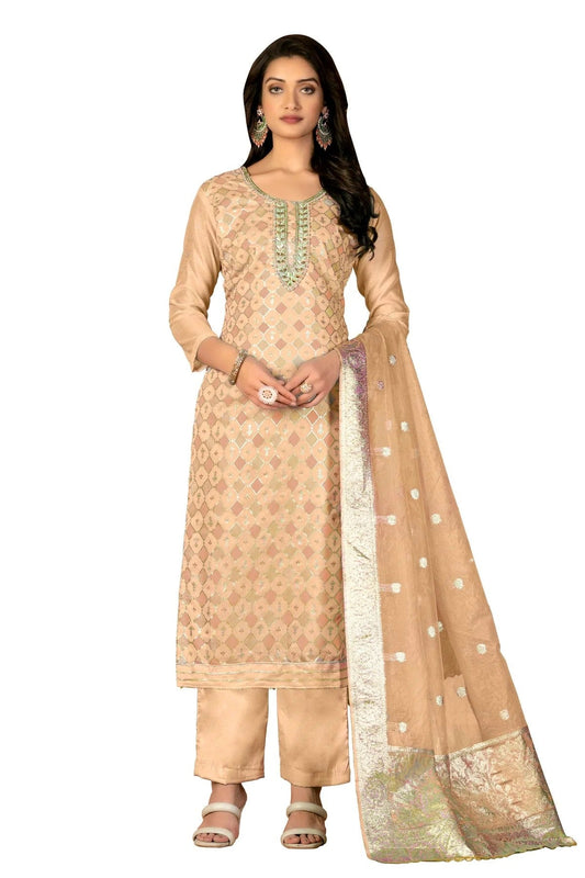 Beige Colour Unstitched Modal Silk Fabric Straight Suit US1160975