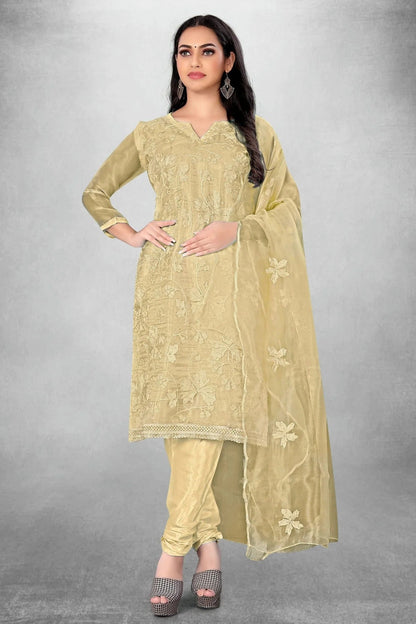 Beige Colour Unstitched Organza Churidar Suit US1160774