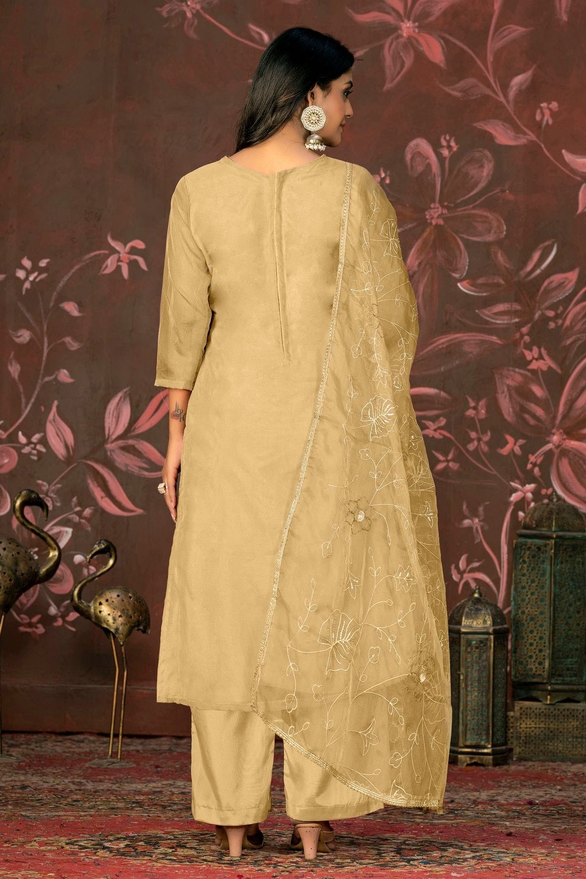 Beige Colour Unstitched Organza Jacquard Straight Suit US1161336 A