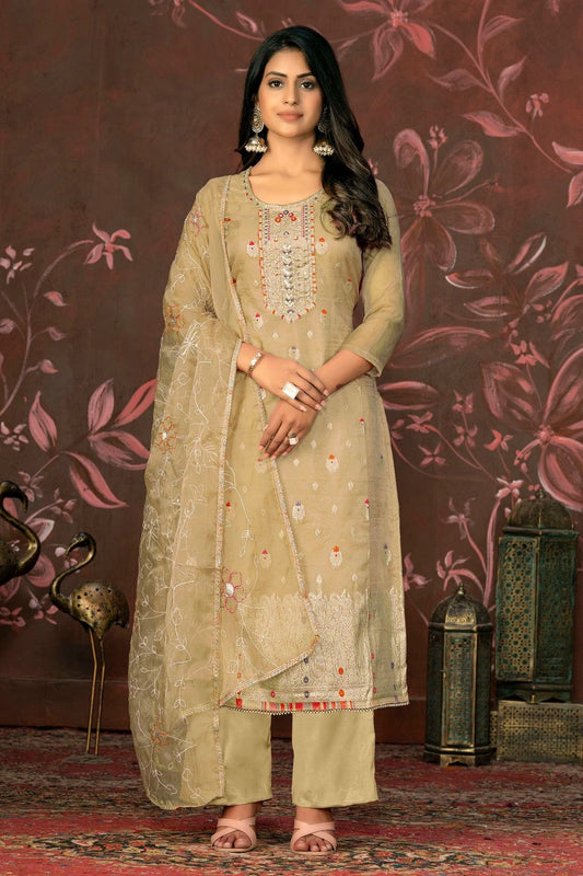 Beige Colour Unstitched Organza Jacquard Straight Suit US1161336