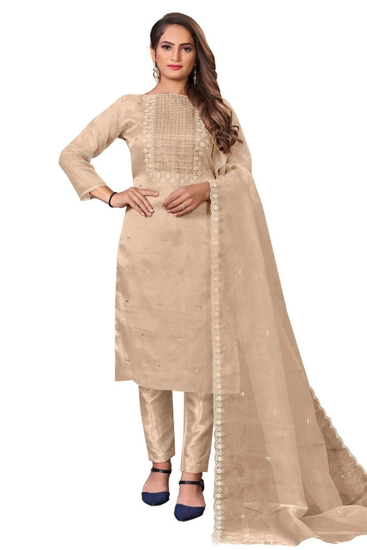 Beige Colour Unstitched Organza Straight Suit US1160656