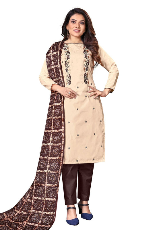 Beige Colour Unstitched Silk Straight Suit US1160630