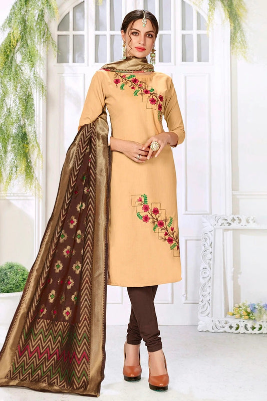 Beige Colour Unstitched Slub Cotton Churidar Suit US1161174