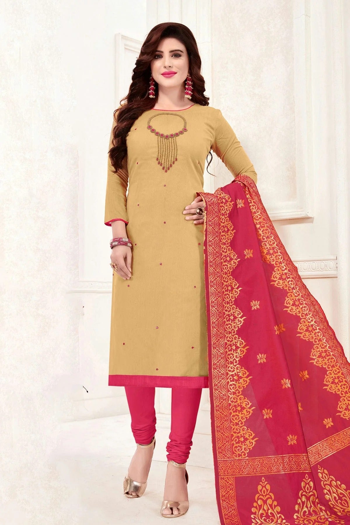 Beige Colour Unstitched Slub Cotton Churidar Suit US1161219