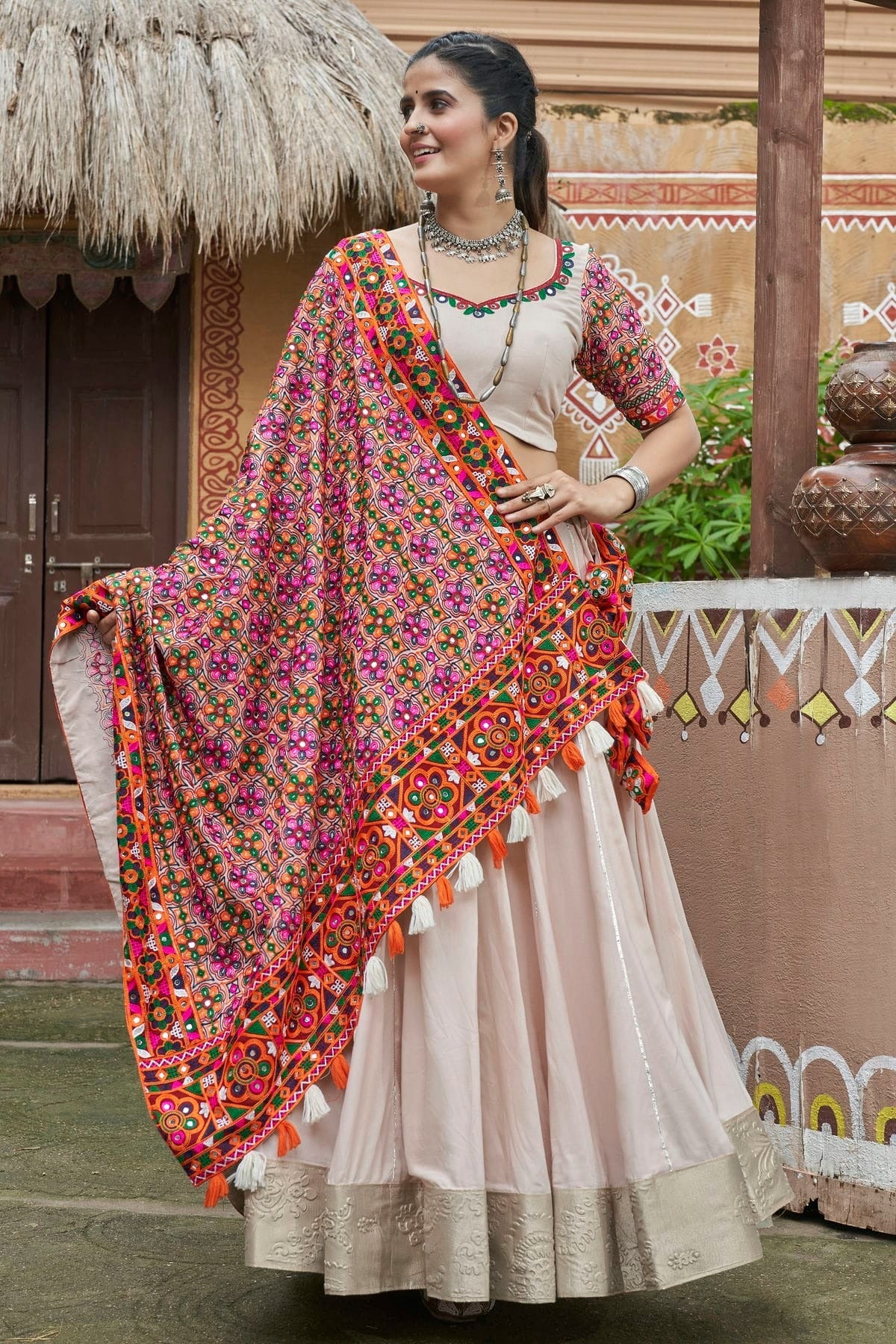 Beige Colour Viscose Rayon Navratri Lehenga LC1150256