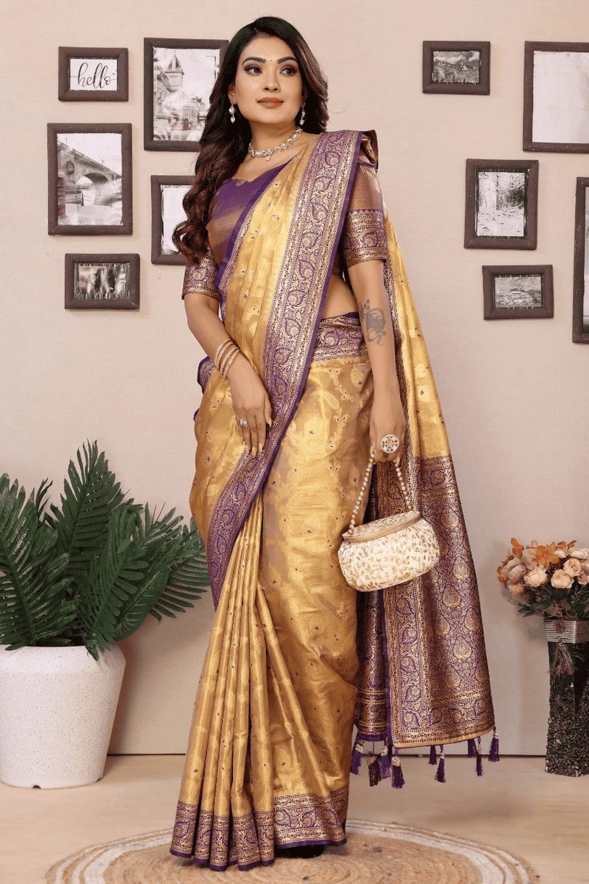 Beige Colour Woven Work Pure Banarasi Tissue Silk Traditional Saree SD1250255 A