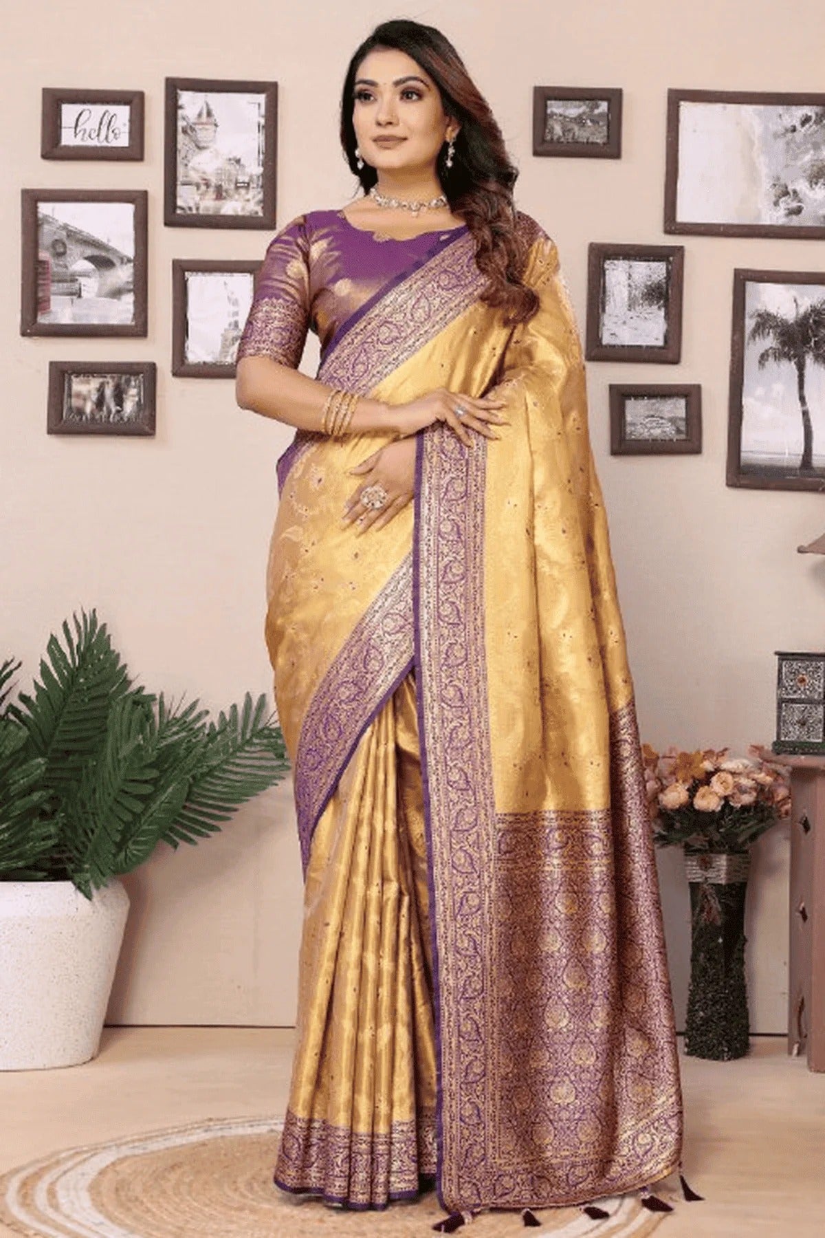 Beige Colour Woven Work Pure Banarasi Tissue Silk Traditional Saree SD1250255