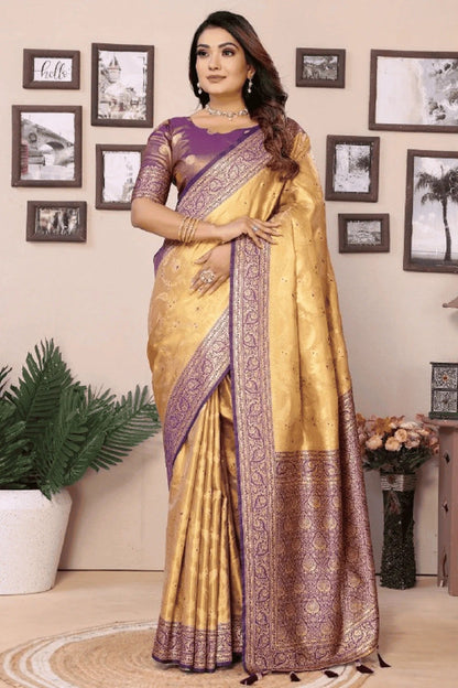 Beige Colour Woven Work Pure Banarasi Tissue Silk Traditional Saree SD1250255