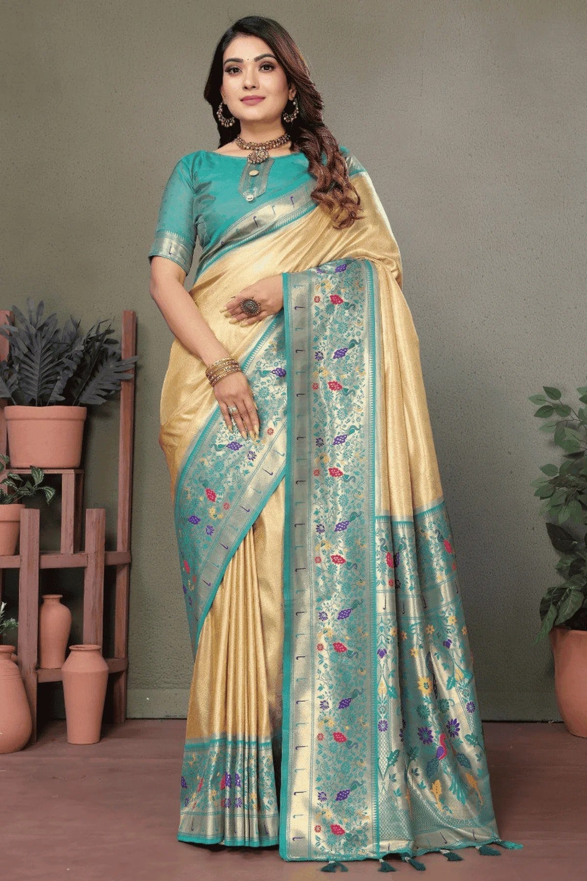 Beige Colour Woven Work Pure Banarasi Tissue Silk Traditional Saree SD1250265 A
