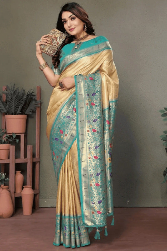 Beige Colour Woven Work Pure Banarasi Tissue Silk Traditional Saree SD1250265