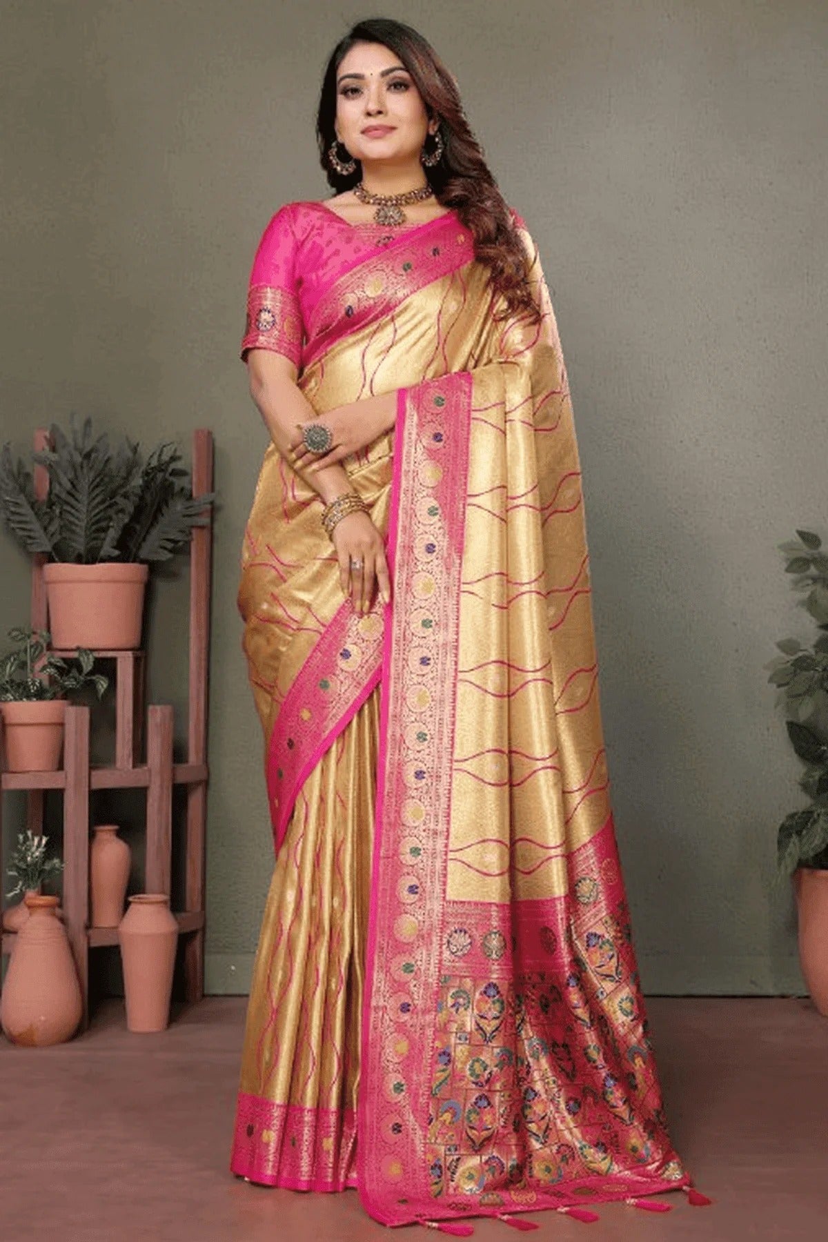 Beige Colour Woven Work Pure Banarasi Tissue Silk Traditional Saree SD1250323