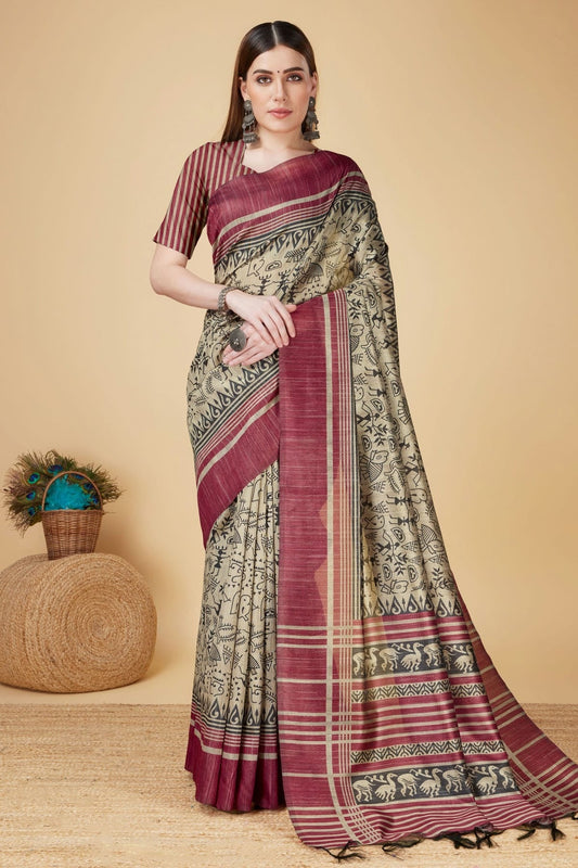 Beige Colour Woven Work Sofi Silk Saree SD1101893