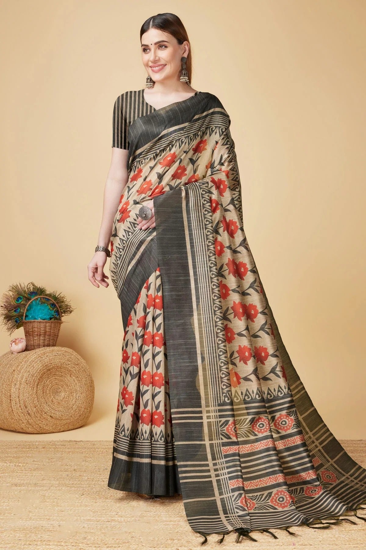 Beige Colour Woven Work Sofi Silk Saree SD1101896