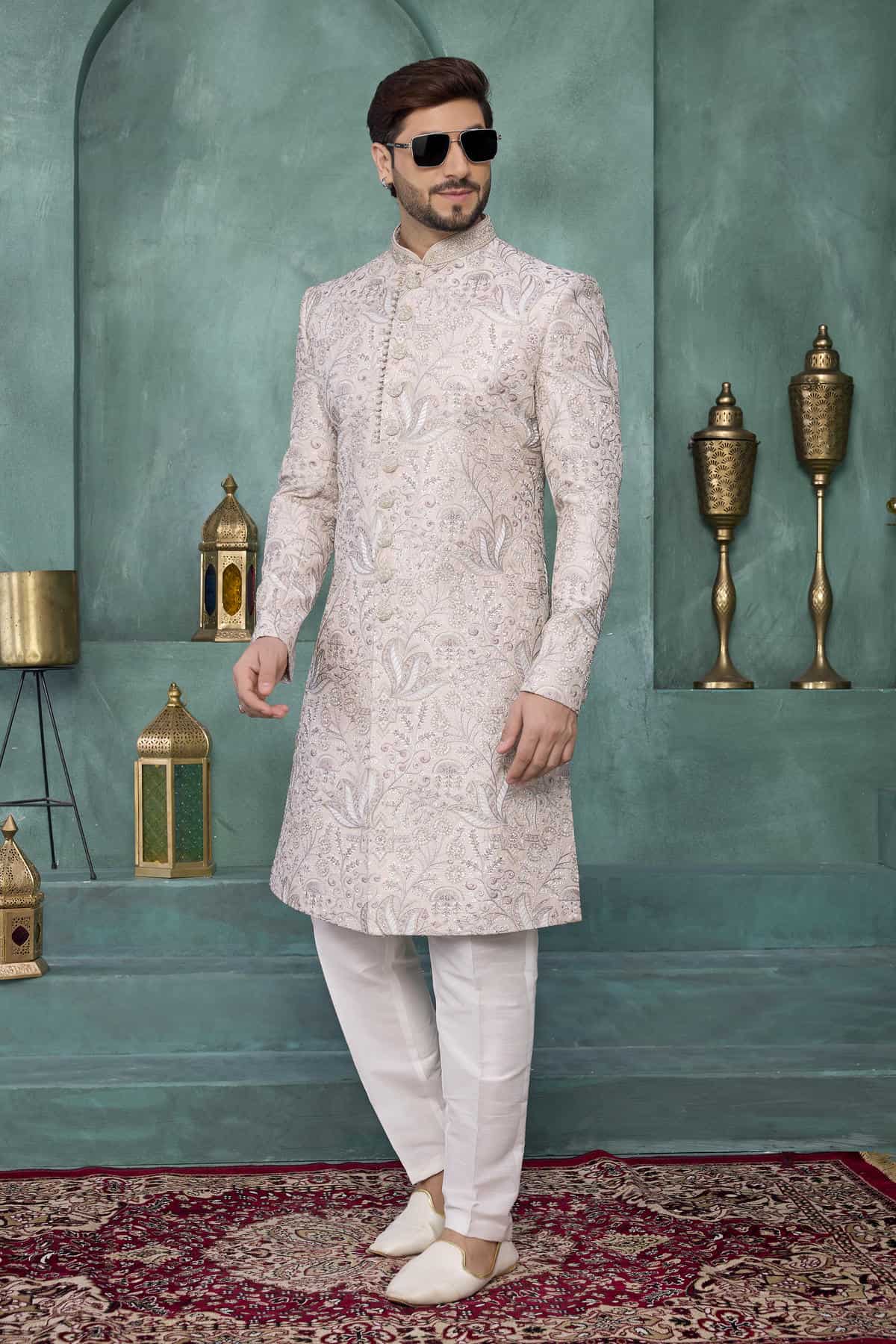 Beige Cream Colour Art Silk Embroidery Work Sherwani