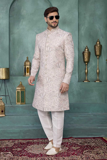 Beige Cream Colour Art Silk Embroidery Work Sherwani