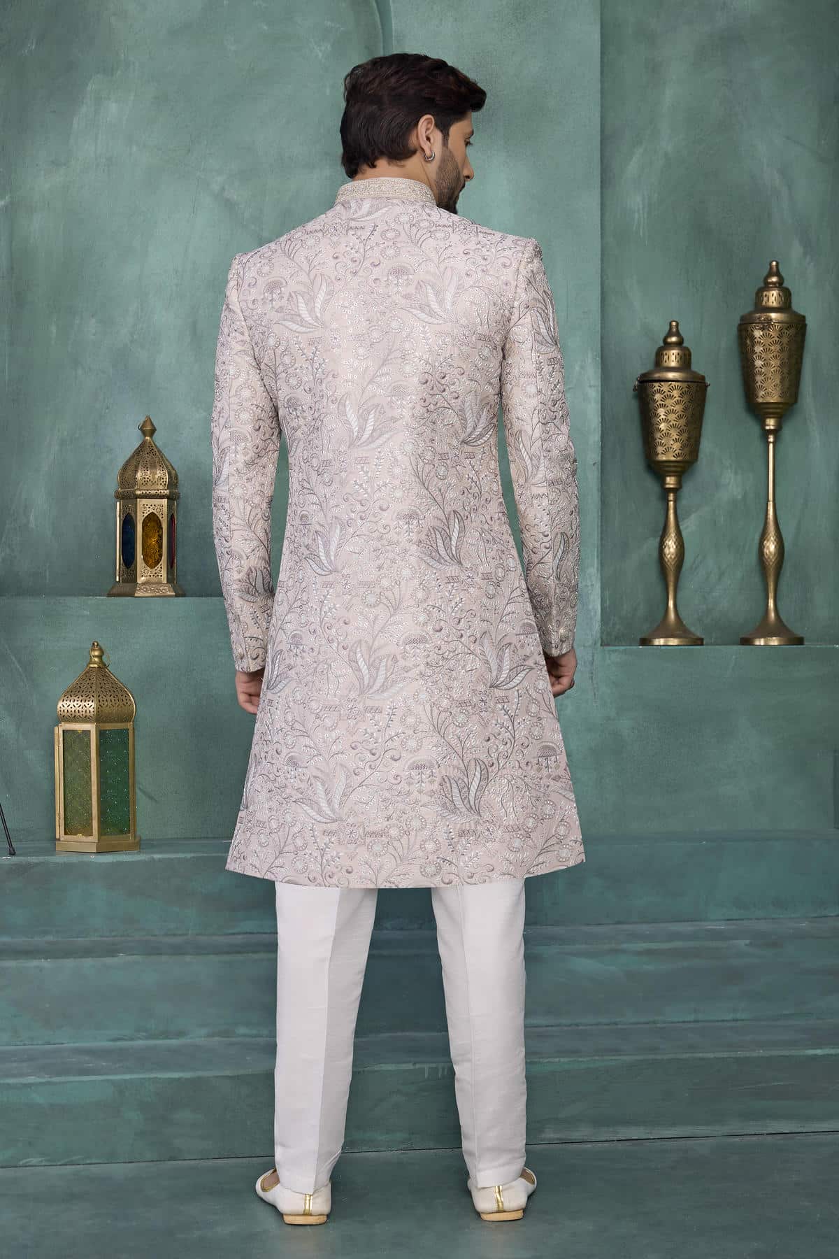 Beige Cream Colour Art Silk Embroidery Work Sherwani