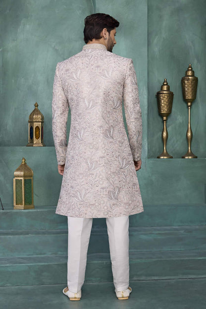Beige Cream Colour Art Silk Embroidery Work Sherwani
