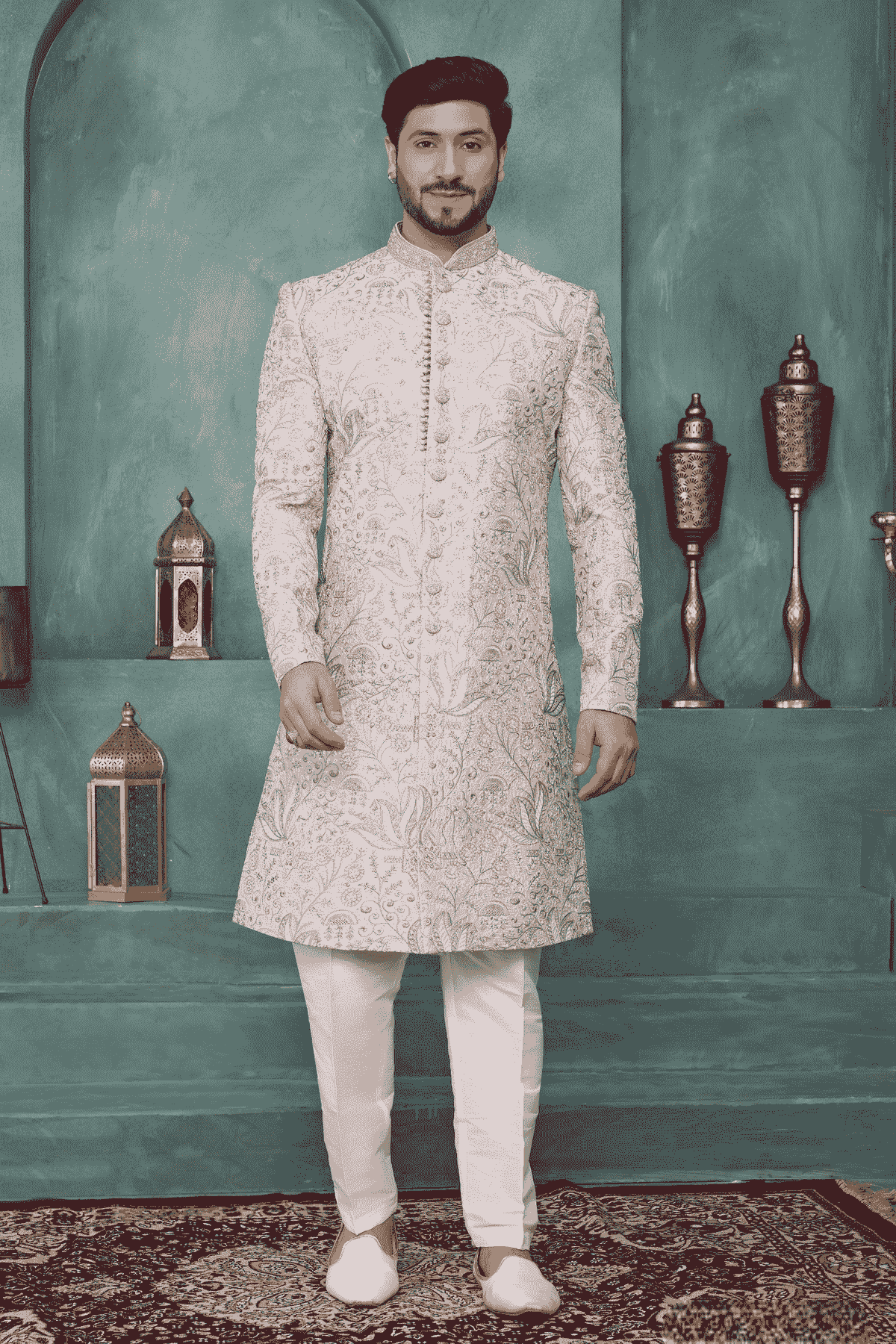 Beige Cream Colour Art Silk Embroidery Work Sherwani