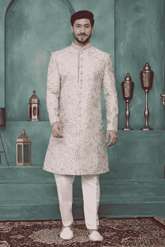 Beige Cream Colour Art Silk Embroidery Work Sherwani