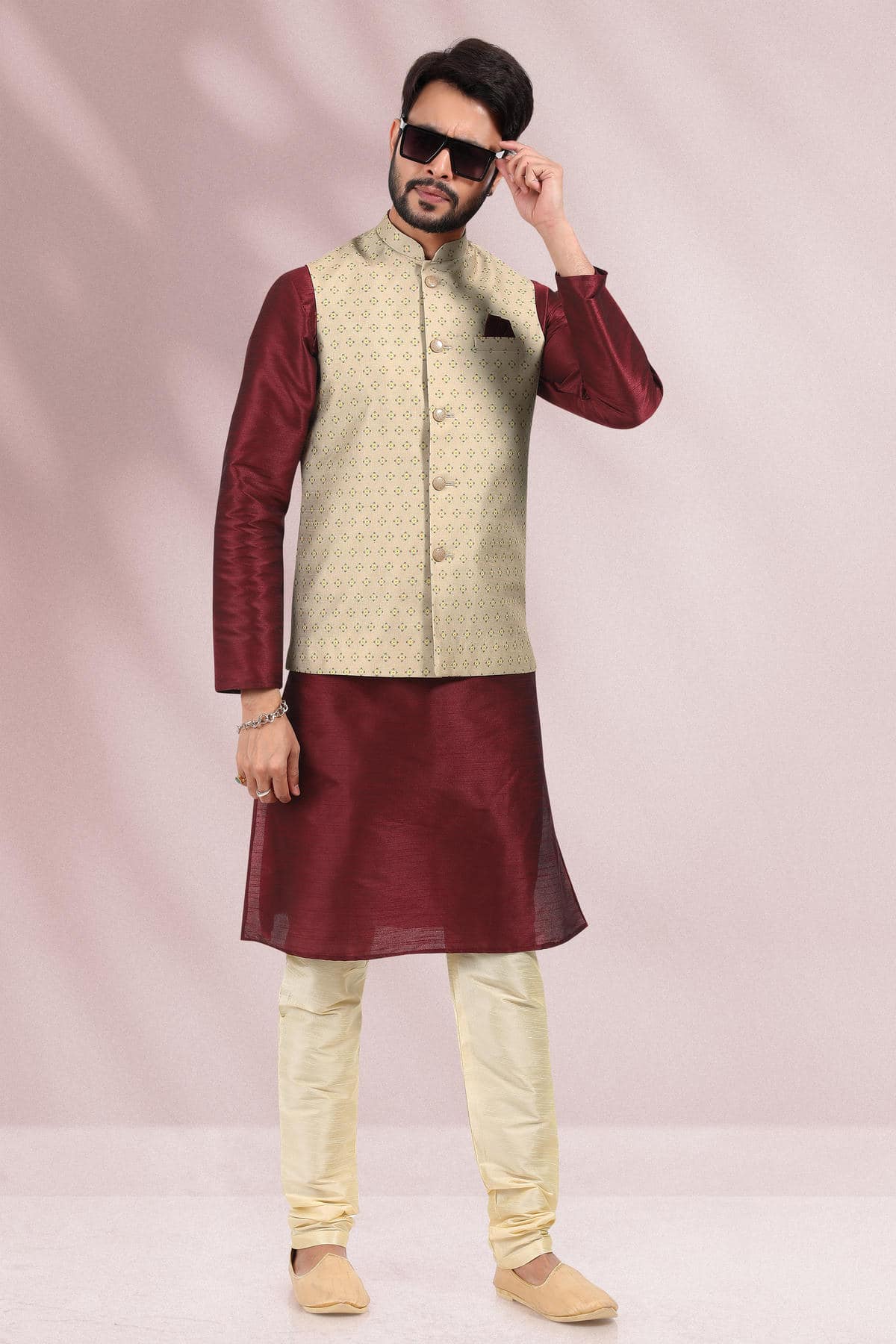 Beige Cream Colour Banarasi Silk Woven Work Kurta Pajama With Jacket