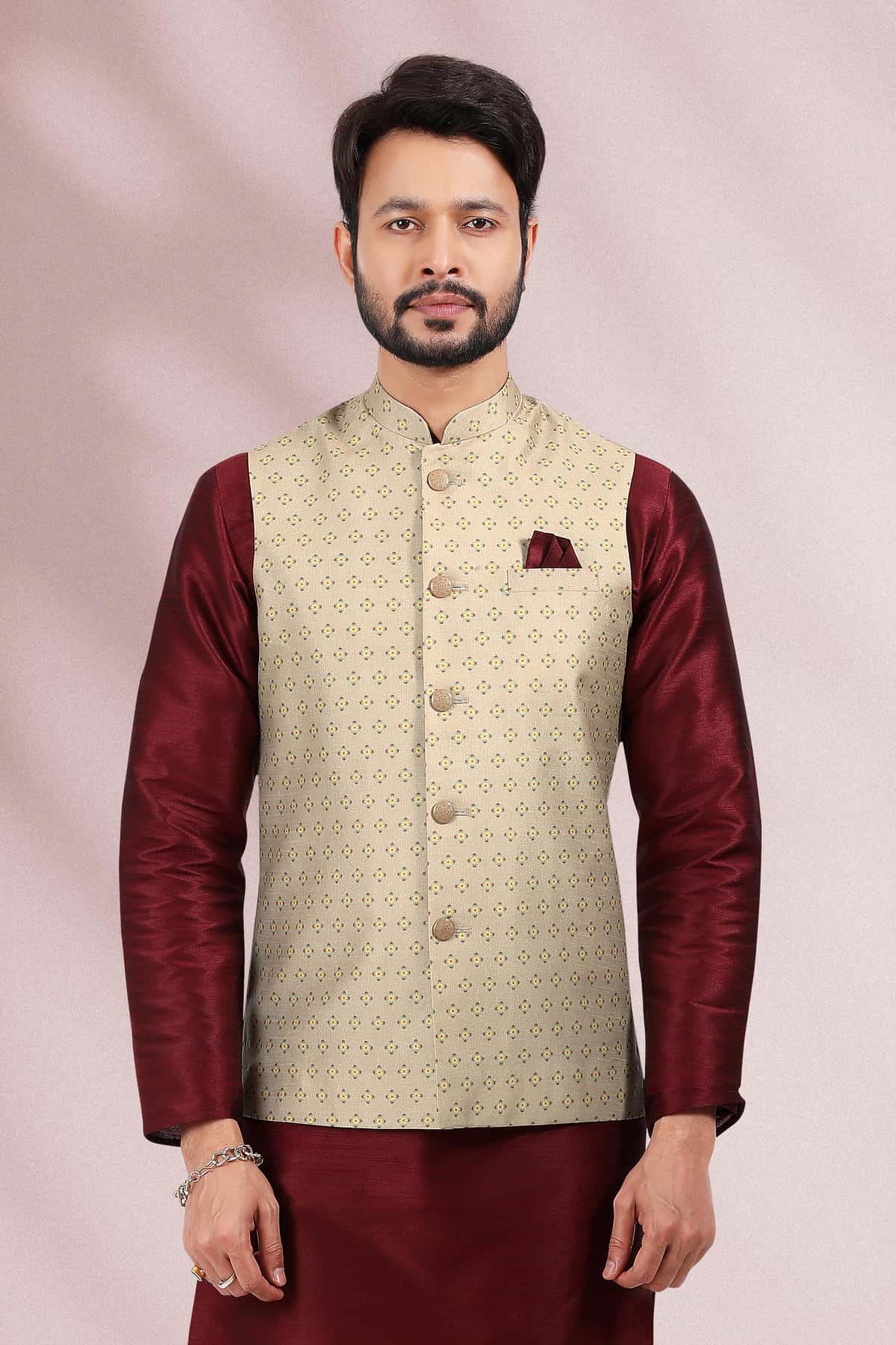 Beige Cream Colour Banarasi Silk Woven Work Kurta Pajama With Jacket
