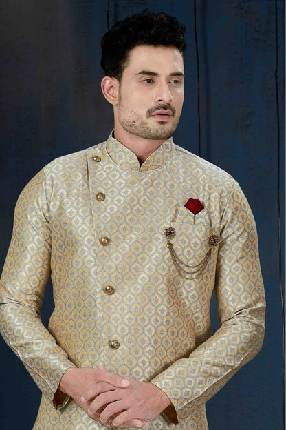 Beige and Blue Colour Jacquard Party Wear Dhoti Sherwani SH1040210 A