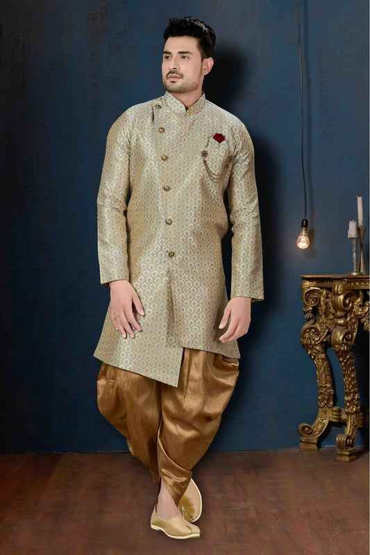 Beige and Blue Colour Jacquard Party Wear Dhoti Sherwani SH1040210