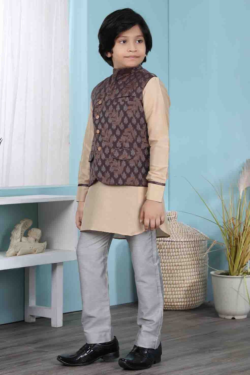 Beige and Brown Colour Cotton Silk Kurta Pajama With Jacket BW1070107 A