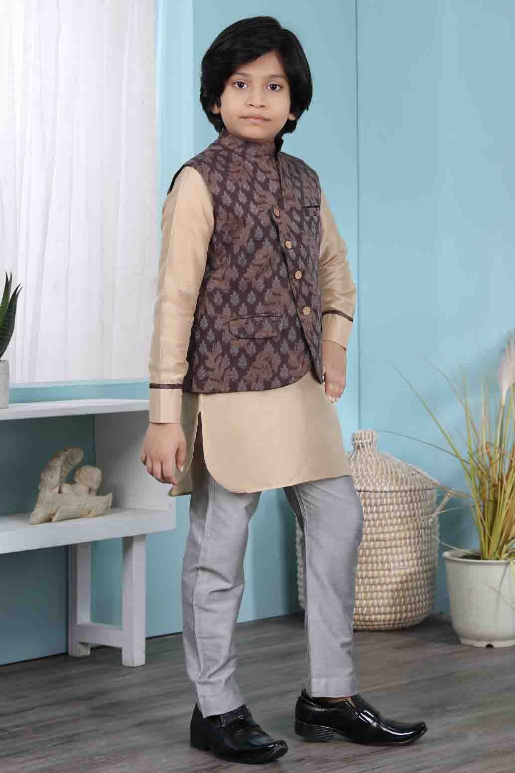 Beige and Brown Colour Cotton Silk Kurta Pajama With Jacket BW1070107 B