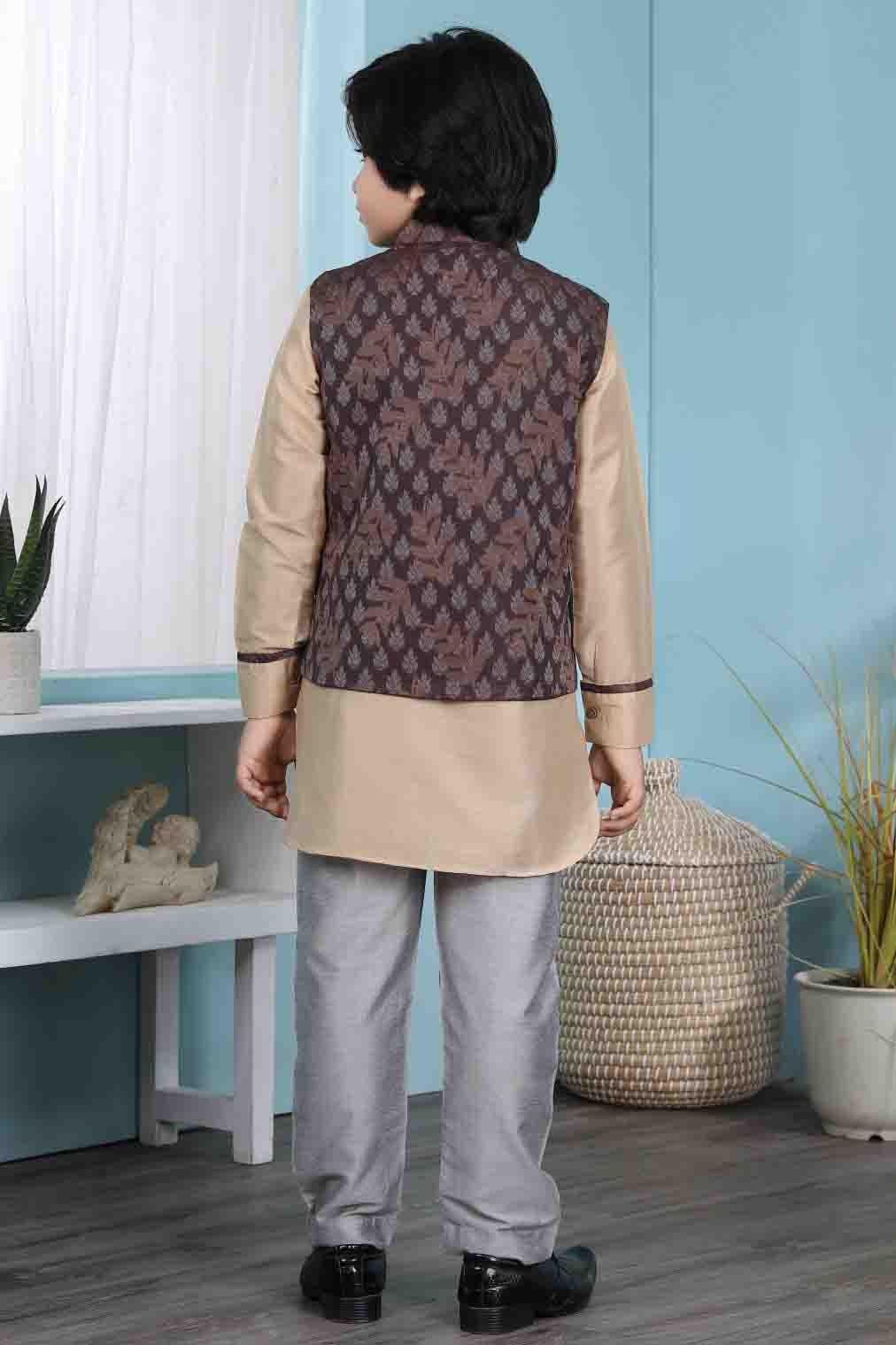 Beige and Brown Colour Cotton Silk Kurta Pajama With Jacket BW1070107 C