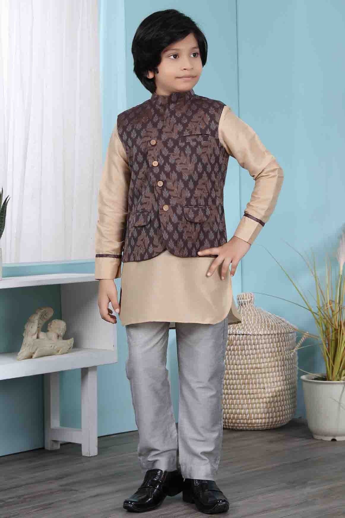 Beige and Brown Colour Cotton Silk Kurta Pajama With Jacket BW1070107