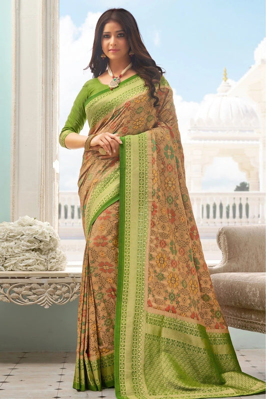 Beige and Green Colour Pure Handloom Silk Traditional Saree SD1100053