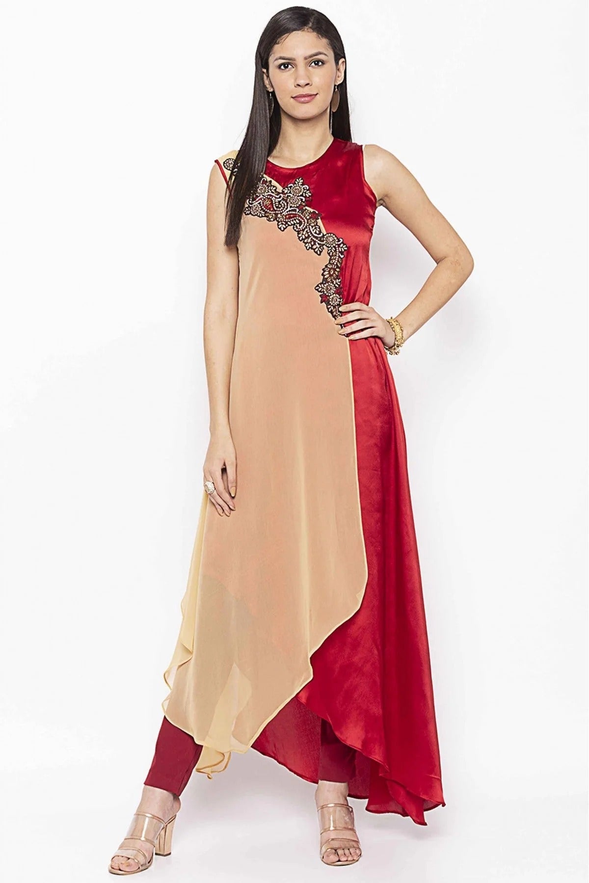 Beige and Maroon Colour Plus Size Georgette Embroidery Kurti KR1070701