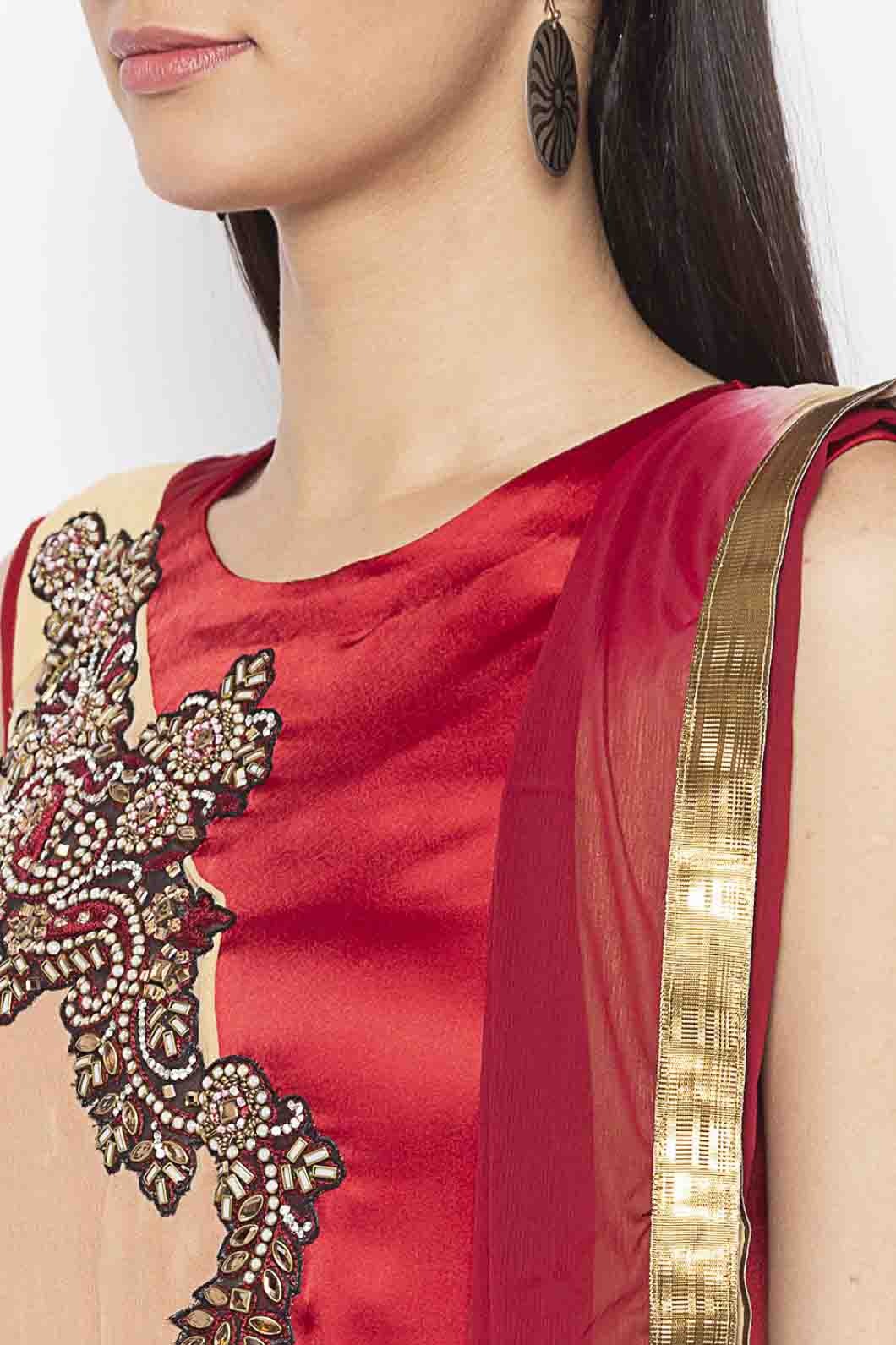 Beige and Maroon Colour Plus Size Georgette Embroidery Pant Style Suit BW1070343 B