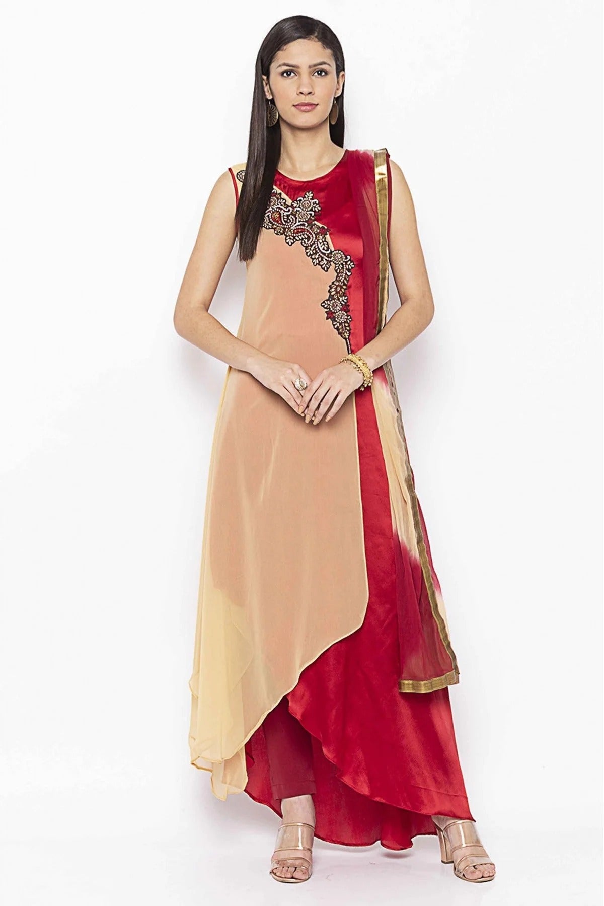 Beige and Maroon Colour Plus Size Georgette Embroidery Pant Style Suit BW1070343