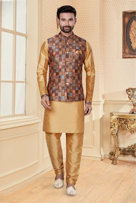 Beige and Multicolour Colour Kurta Pajama With Jacket In Silk Dupion Fabric KP1040175