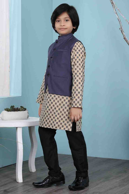Beige and Navy Blue Colour Handloom Silk Kurta Pajama With Jacket BW1070110 A