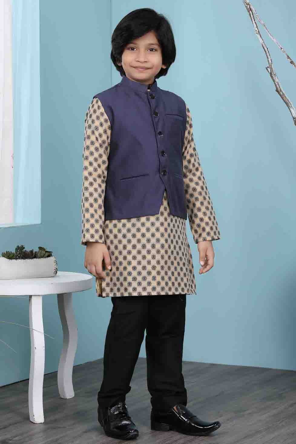 Beige and Navy Blue Colour Handloom Silk Kurta Pajama With Jacket BW1070110 B