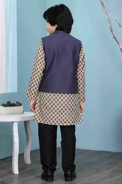 Beige and Navy Blue Colour Handloom Silk Kurta Pajama With Jacket BW1070110 C