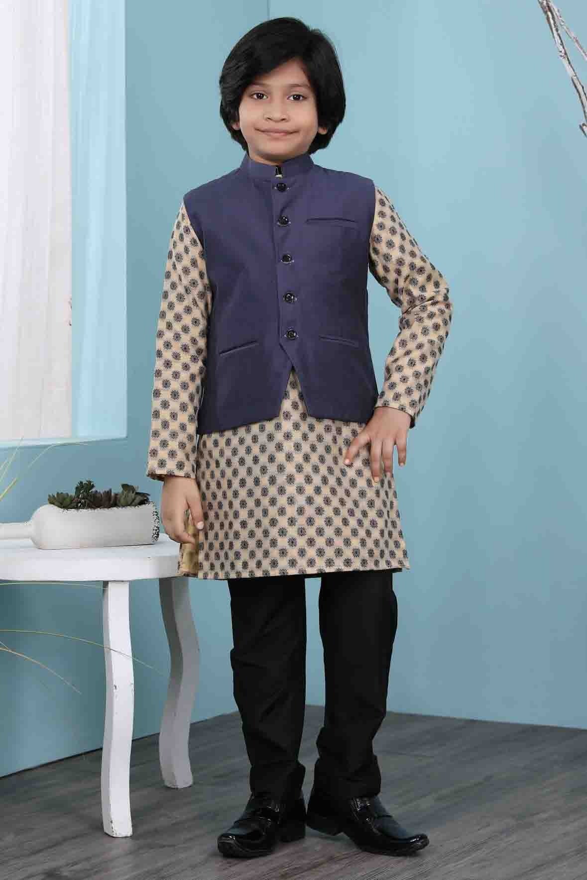 Beige and Navy Blue Colour Handloom Silk Kurta Pajama With Jacket BW1070110