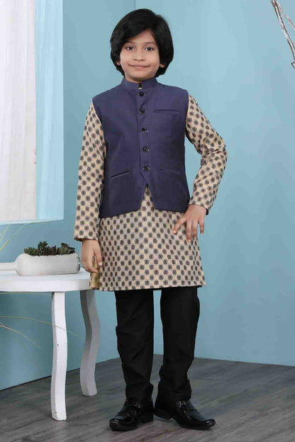 Beige and Navy Blue Colour Handloom Silk Kurta Pajama With Jacket BW1070110