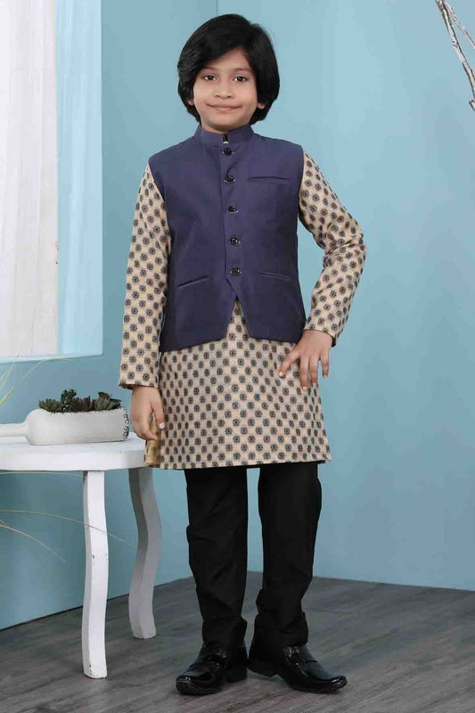 Beige and Navy Blue Colour Handloom Silk Kurta Pajama With Jacket BW1070110