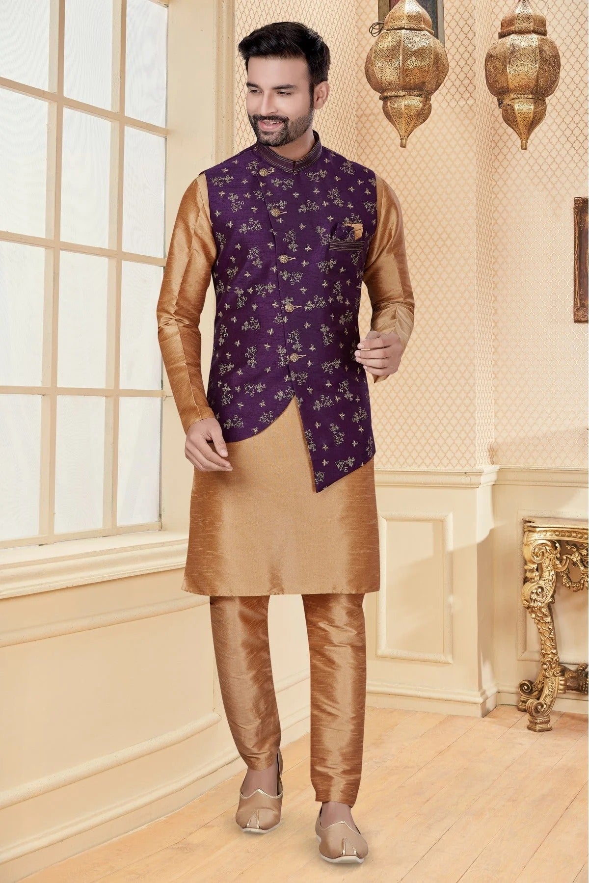 Beige and Purple Colour Kurta Pajama With Jacket In Silk Dupion Fabric KP1040174